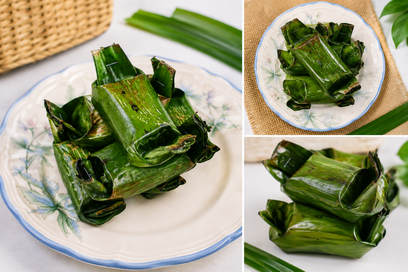 Lemper bakar: kudapan ketan dibungkus rapi dengan daun pisang dan dipanggang harum, disajikan di piring porselen motif bunga biru-putih vintage.