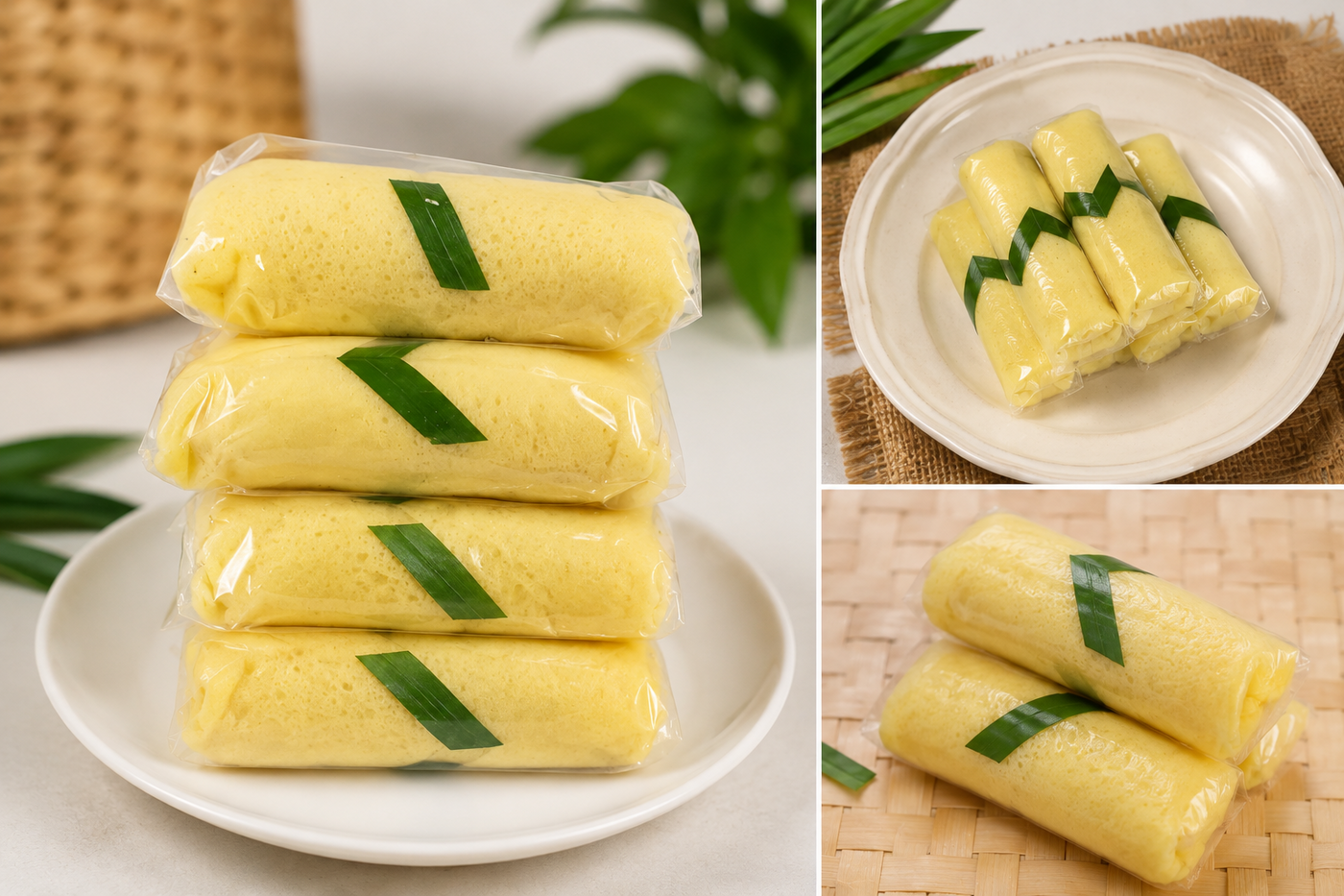 Dadar gulung kuning berdinding lembut, dikemas plastik individual dengan aksen daun pandan segar, di atas piring porselen vintage dan tatakan rotan.